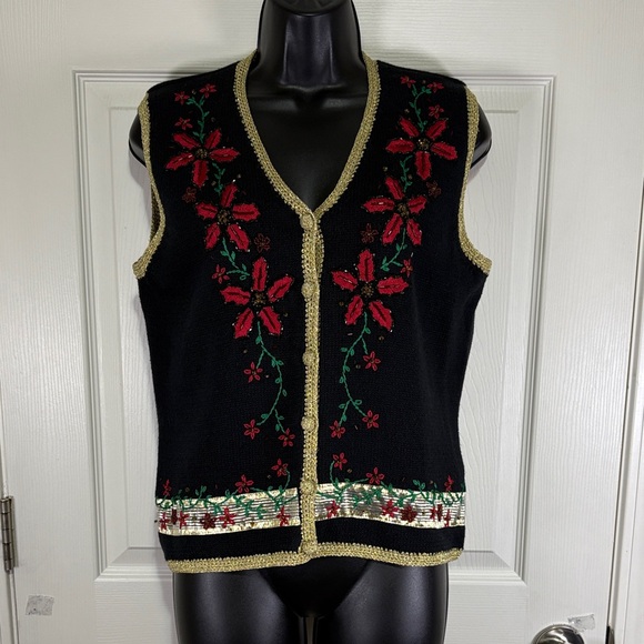 Segue Sweaters - Segue Noel Festive Black Knit Vest with Red Floral Design Size Medium